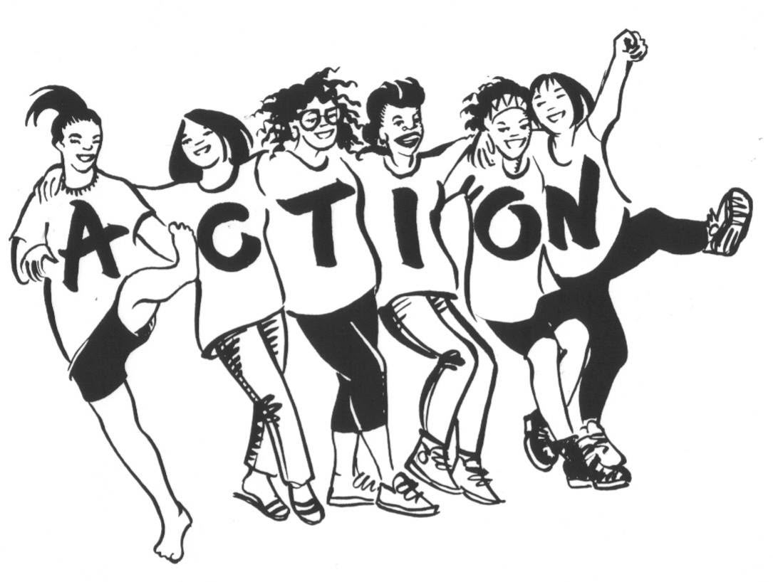 Linocut of six people dancing, their shirts spelling ACTION